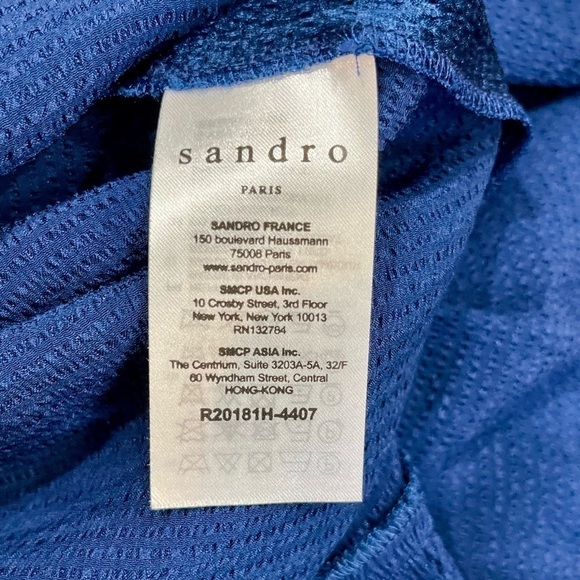 Sandro Paris V-Neck Blue Textured Mini Shift Dress Neck Tie Long Sleeve Sz 36 - Picture 11 of 16